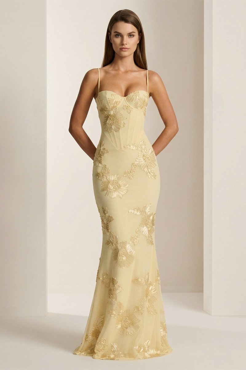 Yellow Spaghetti Straps Sheath Long Prom Dresses With Floral Embroidery - Curvevia