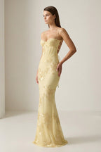 Yellow Spaghetti Straps Sheath Long Prom Dresses With Floral Embroidery - Curvevia