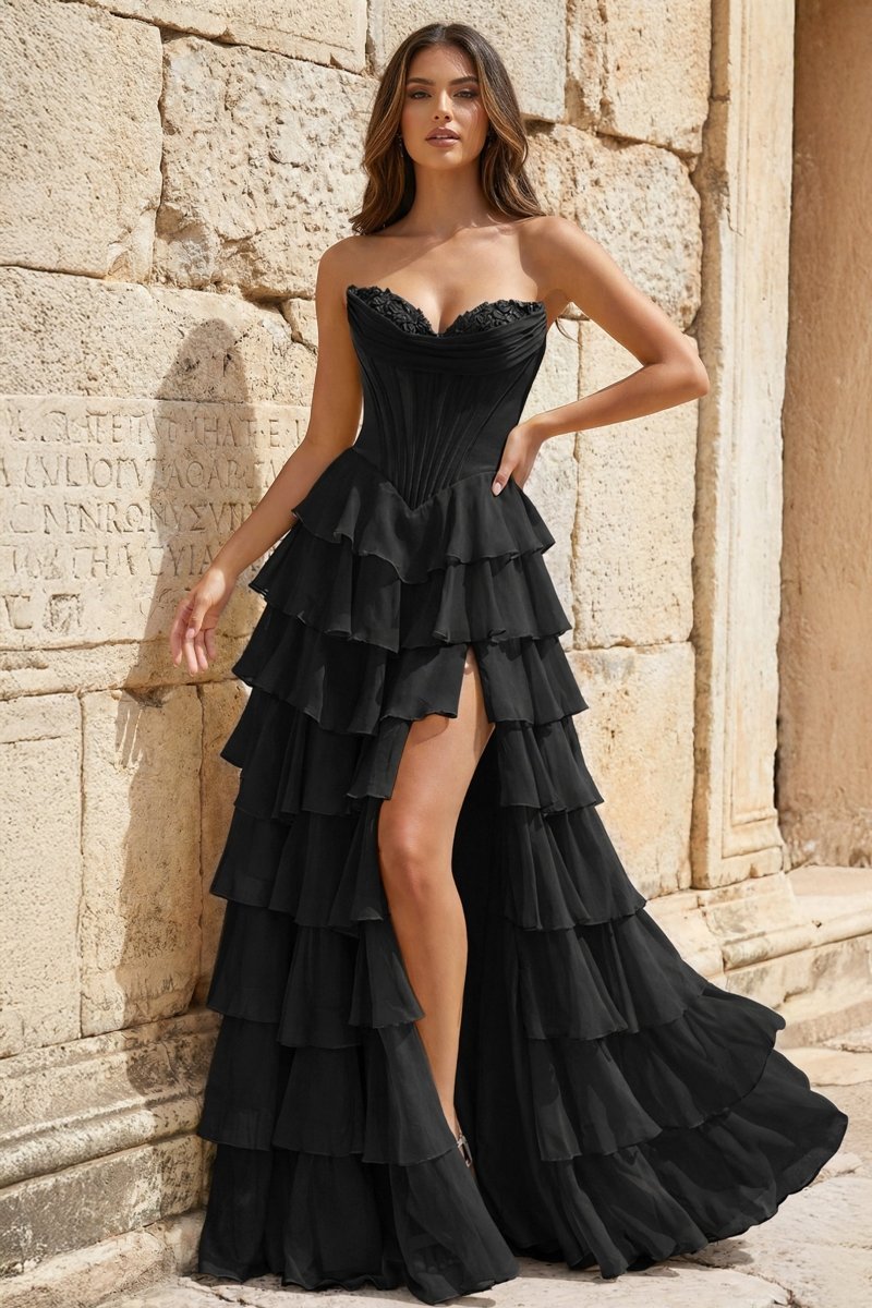 Strapless A-Line Ruffle Long Prom Dress With Split - Curvevia