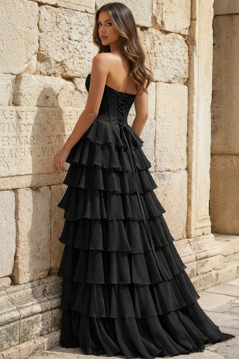 Strapless A-Line Ruffle Long Prom Dress With Split - Curvevia