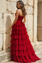 Strapless A-Line Ruffle Long Prom Dress With Split - Curvevia