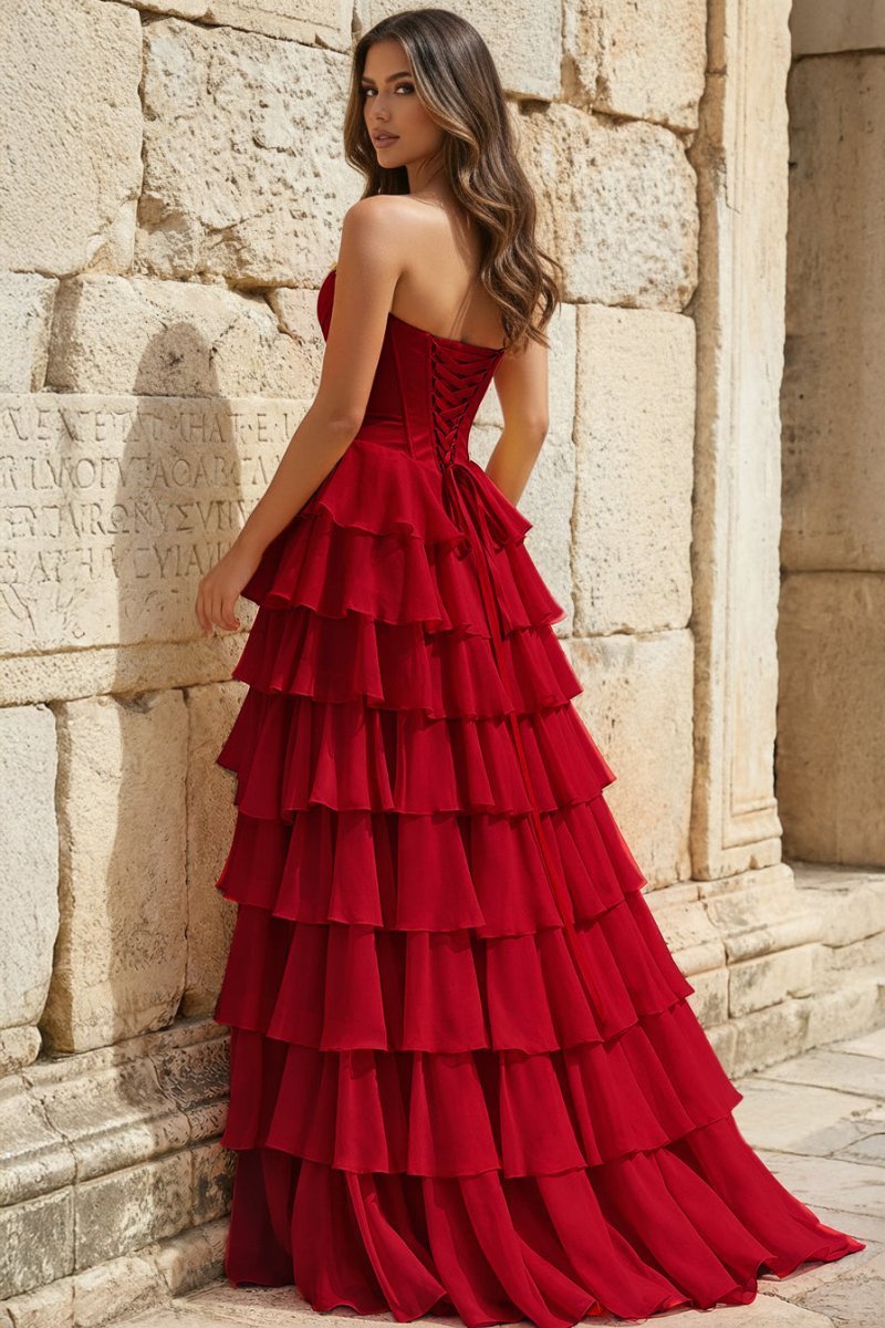 Strapless A-Line Ruffle Long Prom Dress With Split - Curvevia