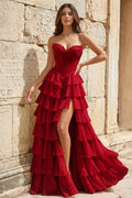 Strapless A-Line Ruffle Long Prom Dress With Split - Curvevia