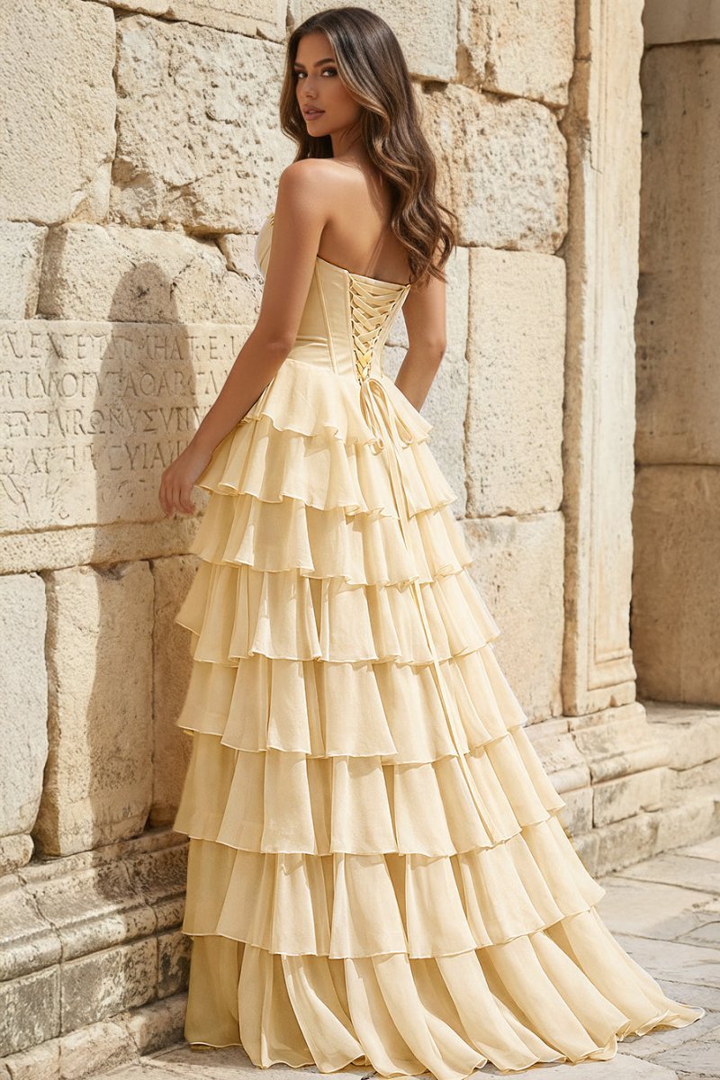 Strapless A-Line Ruffle Long Prom Dress With Split - Curvevia