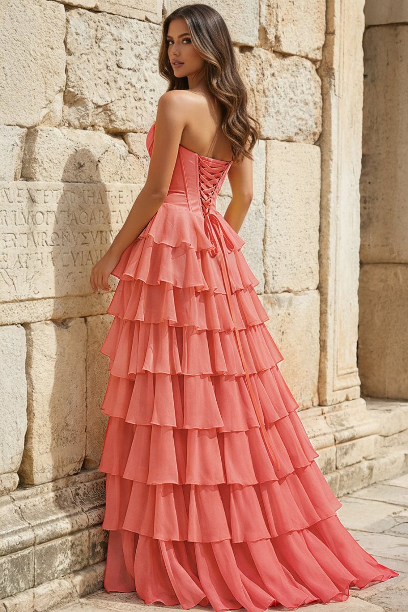 Strapless A-Line Ruffle Long Prom Dress With Split - Curvevia