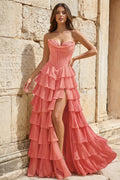 Strapless A-Line Ruffle Long Prom Dress With Split - Curvevia