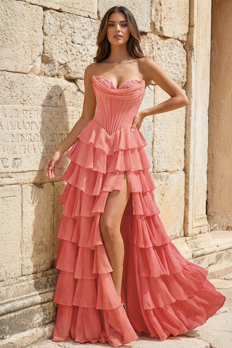 Strapless A-Line Ruffle Long Prom Dress With Split - Curvevia