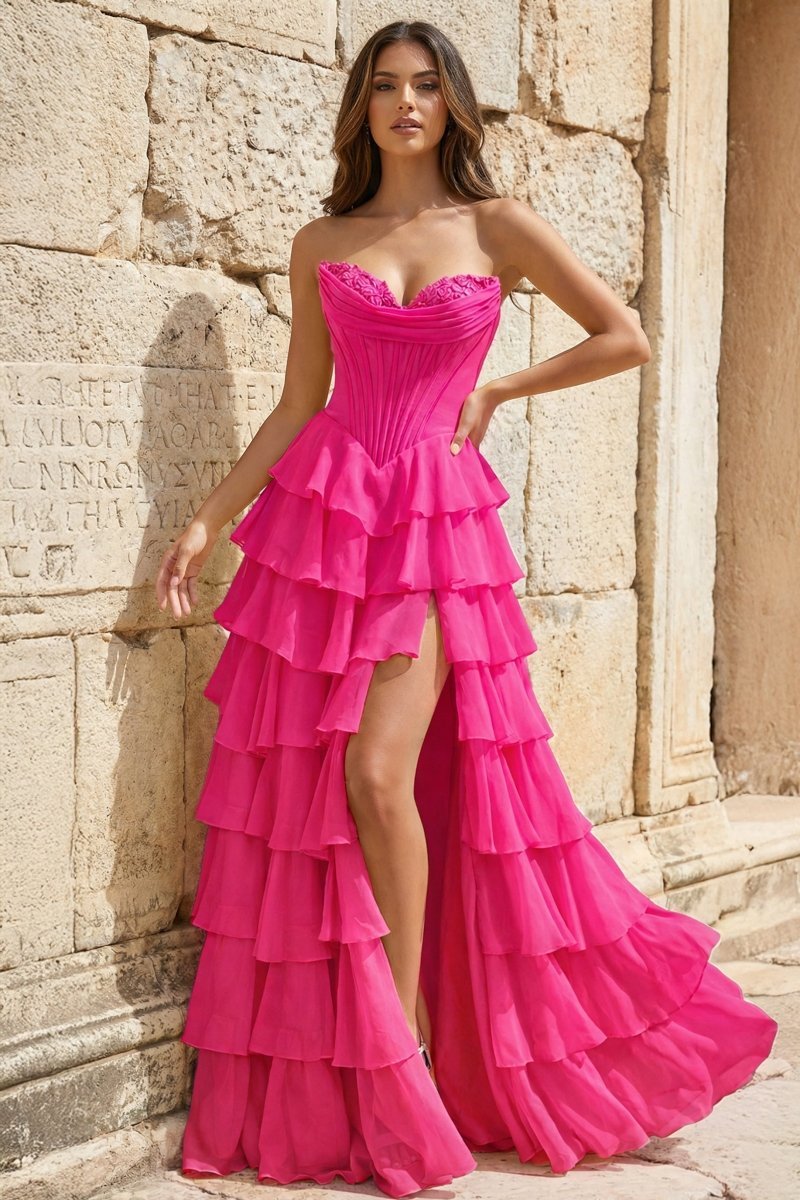 Strapless A-Line Ruffle Long Prom Dress With Split - Curvevia