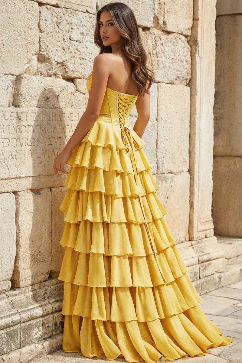 Strapless A-Line Ruffle Long Prom Dress With Split - Curvevia