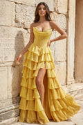 Strapless A-Line Ruffle Long Prom Dress With Split - Curvevia