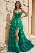 Strapless A-Line Ruffle Long Prom Dress With Split - Curvevia
