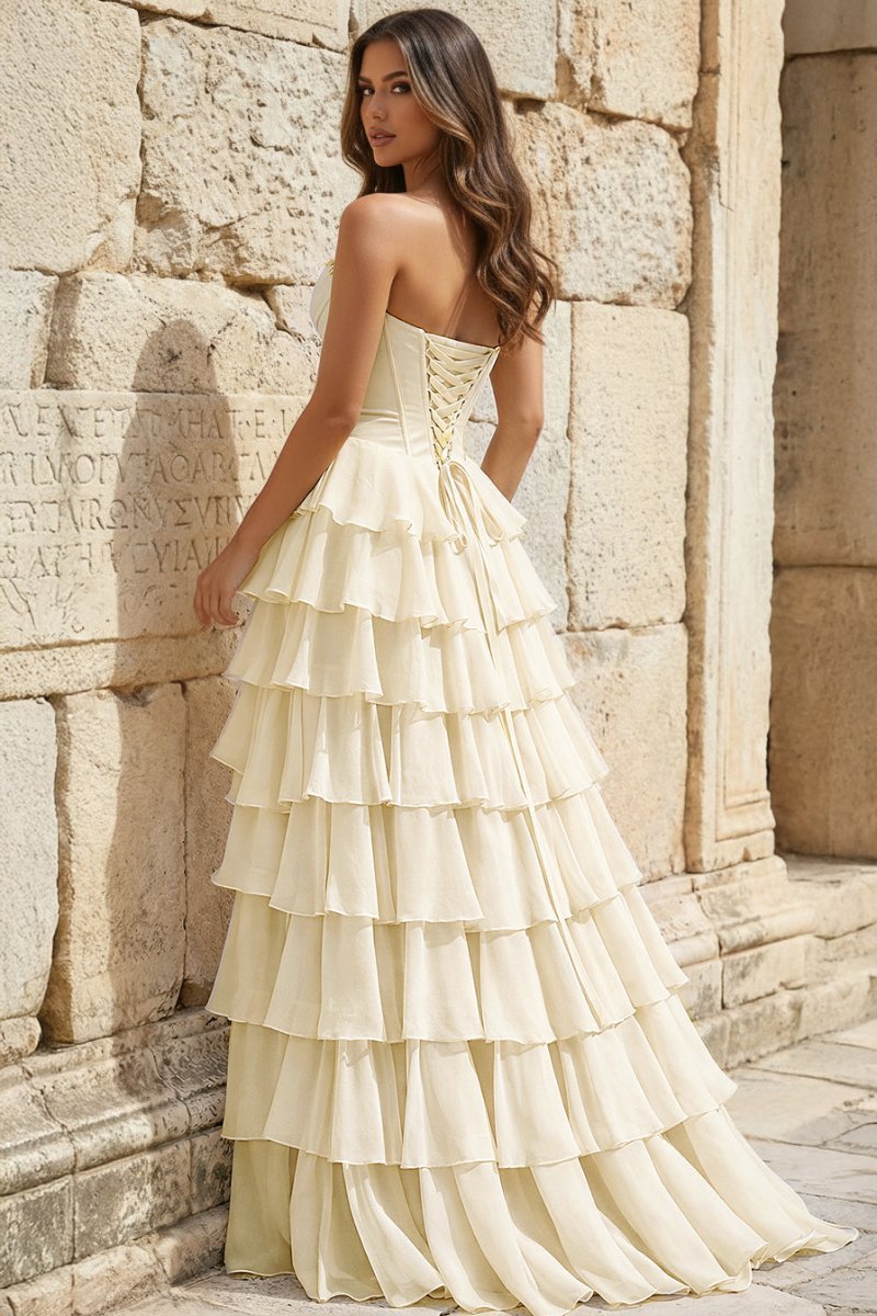 Strapless A-Line Ruffle Long Prom Dress With Split - Curvevia