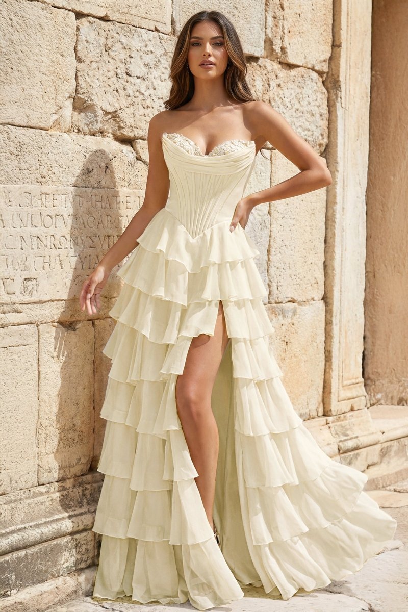 Strapless A-Line Ruffle Long Prom Dress With Split - Curvevia