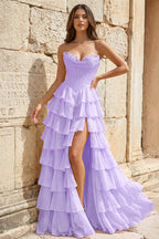 Strapless A-Line Ruffle Long Prom Dress With Split - Curvevia