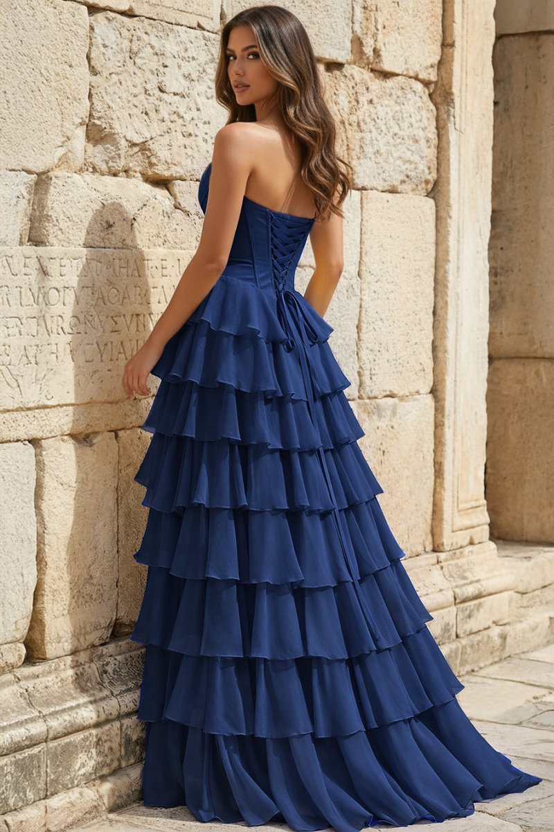 Strapless A-Line Ruffle Long Prom Dress With Split - Curvevia