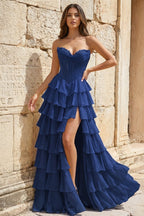 Strapless A-Line Ruffle Long Prom Dress With Split - Curvevia