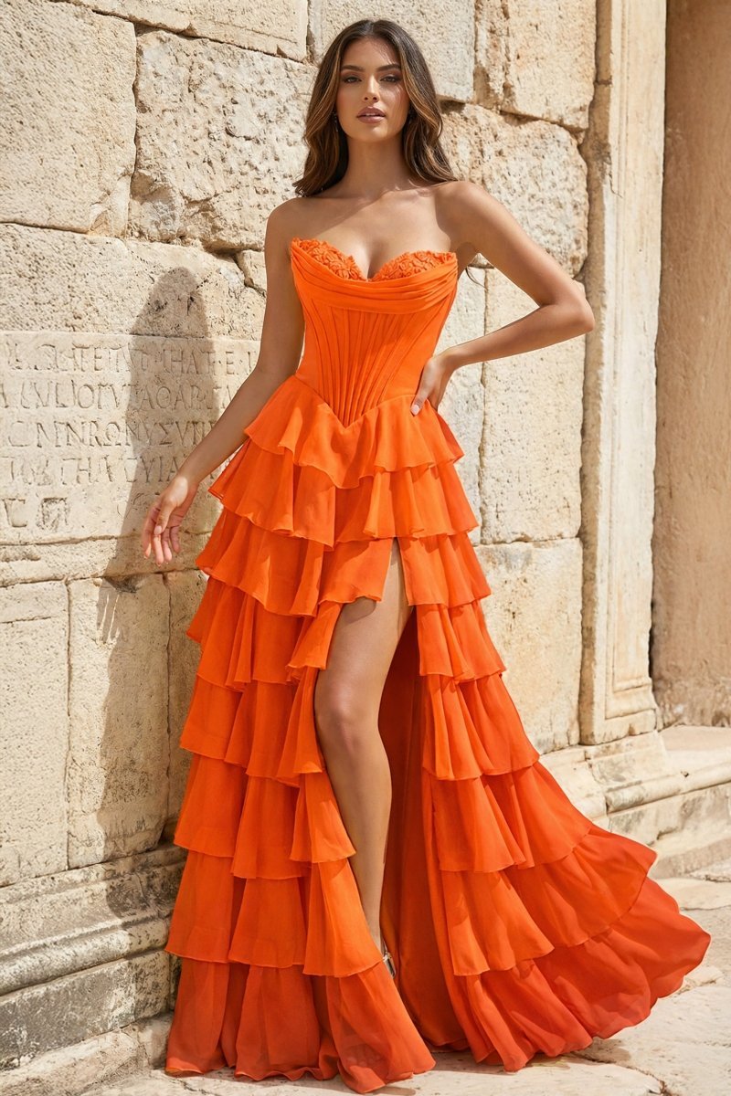 Strapless A-Line Ruffle Long Prom Dress With Split - Curvevia