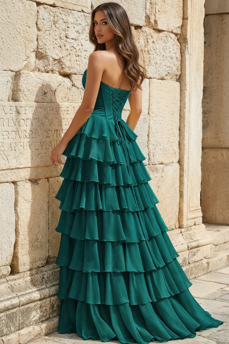 Strapless A-Line Ruffle Long Prom Dress With Split - Curvevia