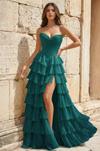 Strapless A-Line Ruffle Long Prom Dress With Split - Curvevia