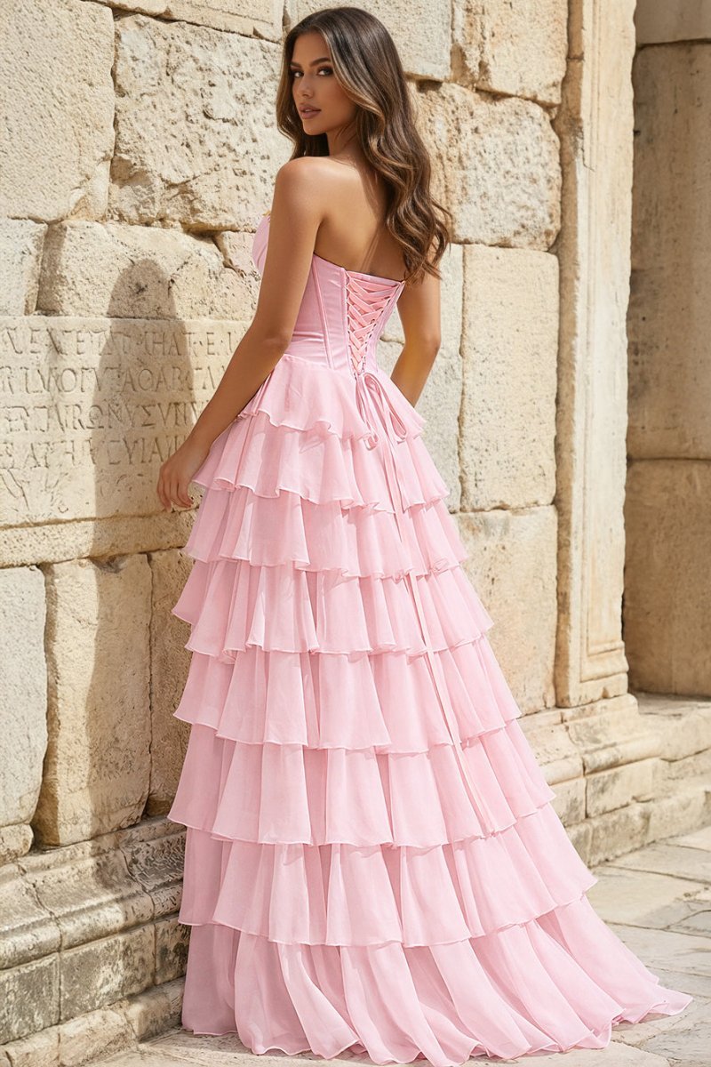 Strapless A-Line Ruffle Long Prom Dress With Split - Curvevia