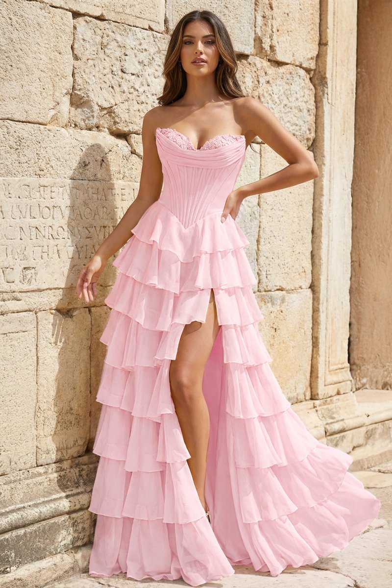Strapless A-Line Ruffle Long Prom Dress With Split - Curvevia