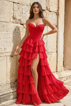Strapless A-Line Ruffle Long Prom Dress With Split - Curvevia