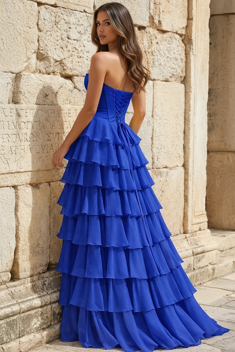 Strapless A-Line Ruffle Long Prom Dress With Split - Curvevia