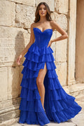 Strapless A-Line Ruffle Long Prom Dress With Split - Curvevia