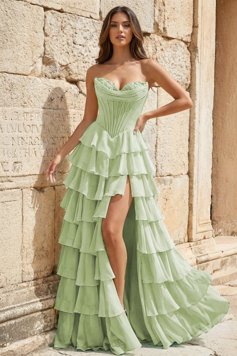 Strapless A-Line Ruffle Long Prom Dress With Split - Curvevia