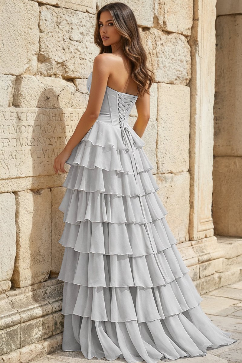 Strapless A-Line Ruffle Long Prom Dress With Split - Curvevia