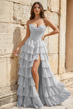 Strapless A-Line Ruffle Long Prom Dress With Split - Curvevia