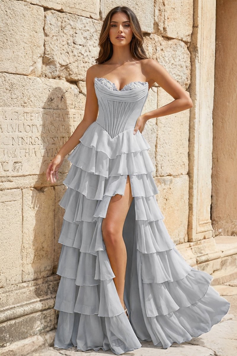 Strapless A-Line Ruffle Long Prom Dress With Split - Curvevia