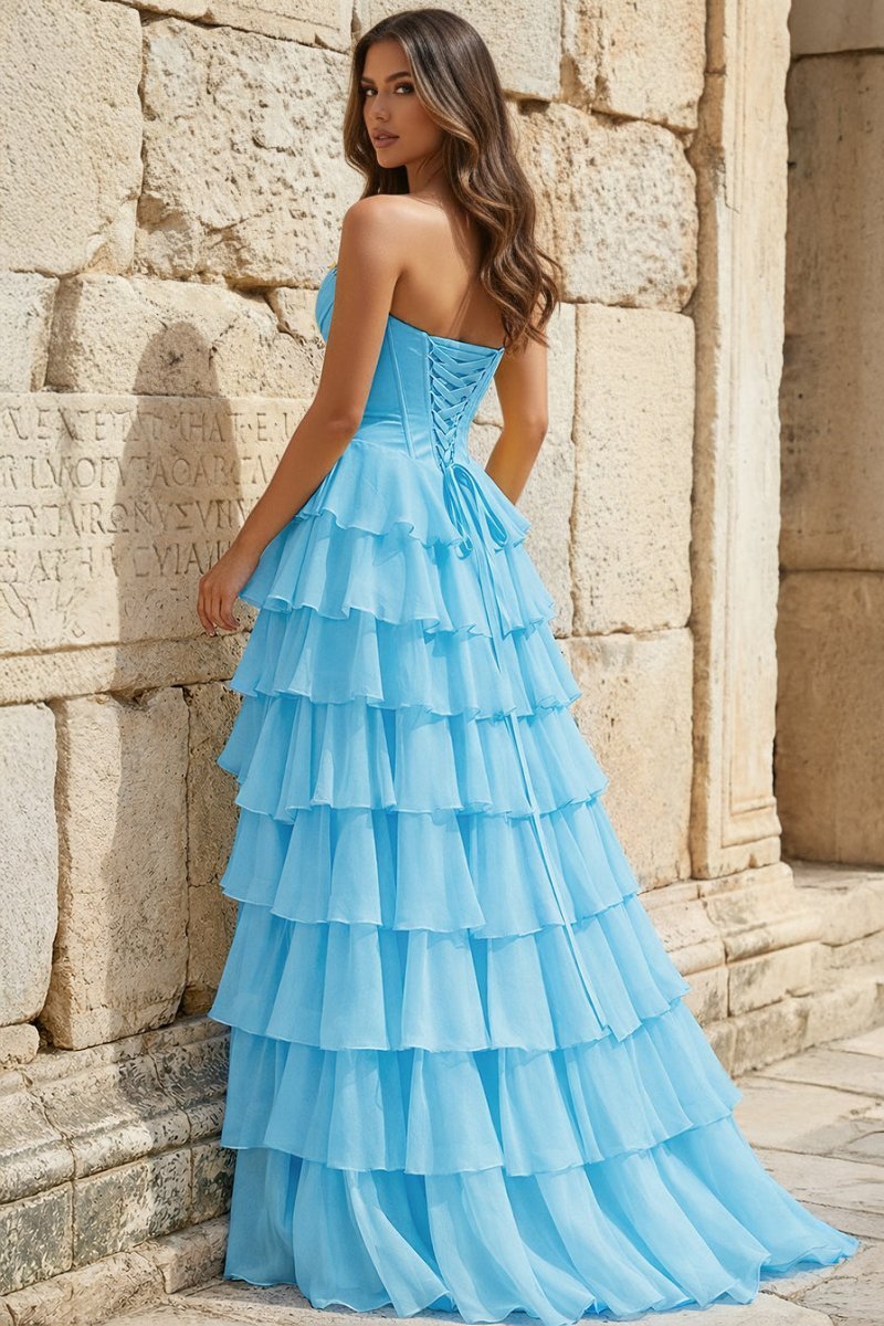 Strapless A-Line Ruffle Long Prom Dress With Split - Curvevia