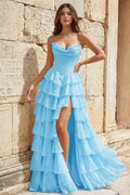 Strapless A-Line Ruffle Long Prom Dress With Split - Curvevia