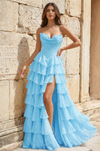 Strapless A-Line Ruffle Long Prom Dress With Split - Curvevia