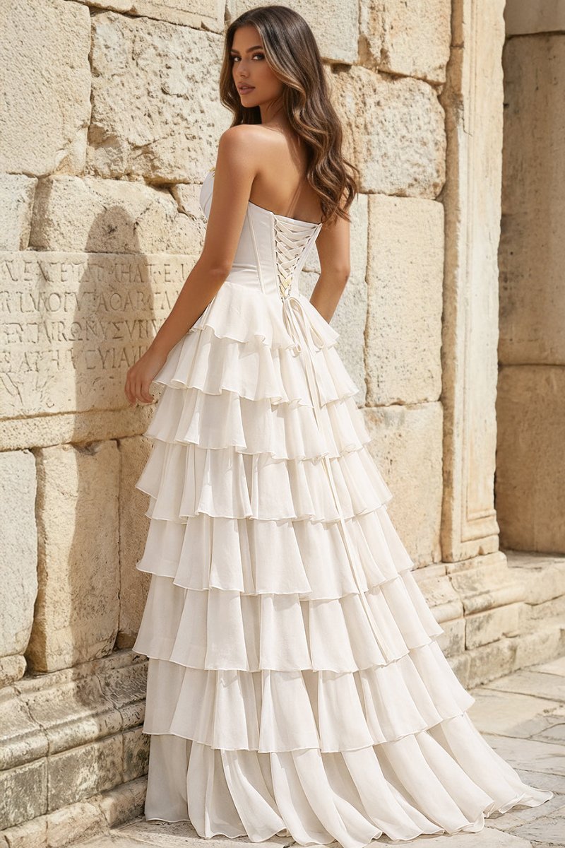 Strapless A-Line Ruffle Long Prom Dress With Split - Curvevia