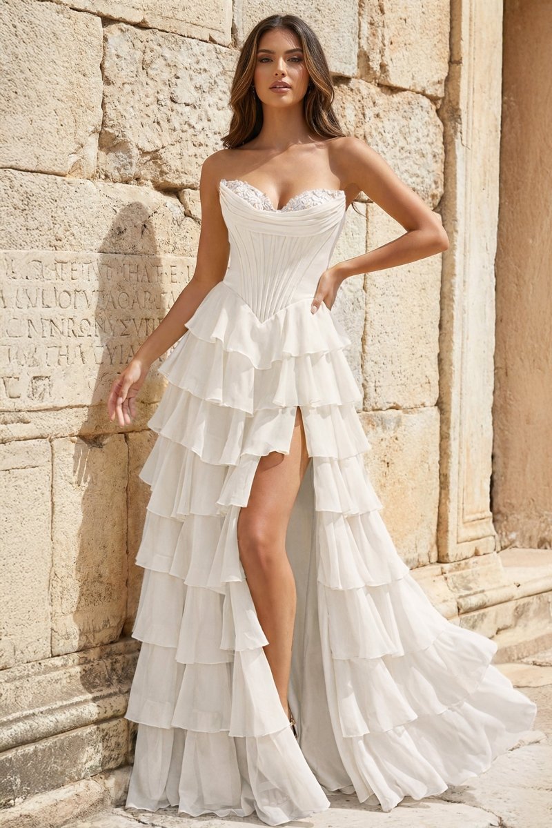 Strapless A-Line Ruffle Long Prom Dress With Split - Curvevia