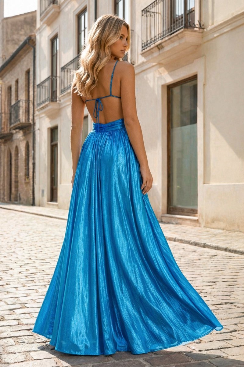 Hot Pink A Line Spaghetti Straps Metallic Satin Long Prom Dresses With Cut out - Curvevia