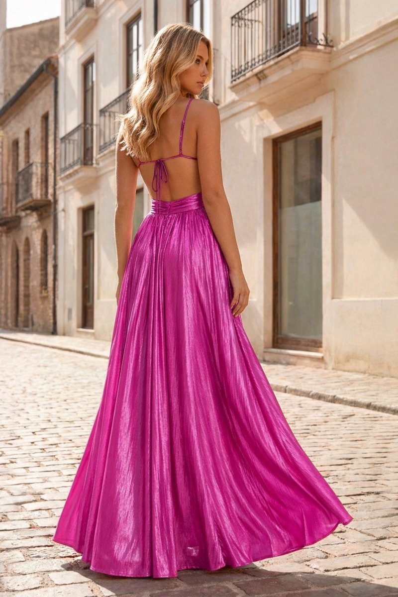 Hot Pink A Line Spaghetti Straps Metallic Satin Long Prom Dresses With Cut out - Curvevia