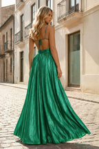 Hot Pink A Line Spaghetti Straps Metallic Satin Long Prom Dresses With Cut out - Curvevia