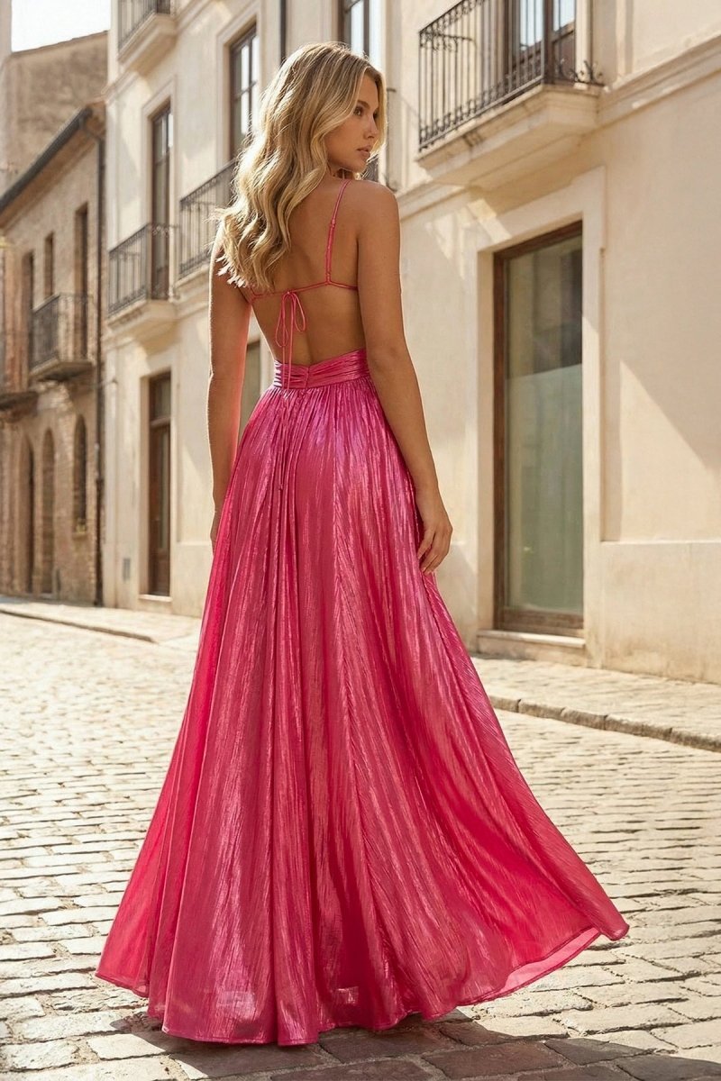 Hot Pink A Line Spaghetti Straps Metallic Satin Long Prom Dresses With Cut out - Curvevia