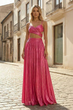Hot Pink A Line Spaghetti Straps Metallic Satin Long Prom Dresses With Cut out - Curvevia