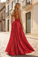 Hot Pink A Line Spaghetti Straps Metallic Satin Long Prom Dresses With Cut out - Curvevia