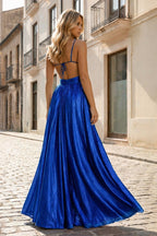 Hot Pink A Line Spaghetti Straps Metallic Satin Long Prom Dresses With Cut out - Curvevia
