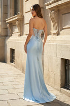 Mermaid Sweetheart Blue Beaded Ruched Long Evening Dress with Slit - Curvevia