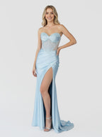 Mermaid Sweetheart Blue Beaded Ruched Long Evening Dress with Slit - Curvevia