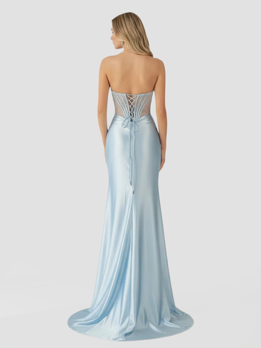 Mermaid Sweetheart Blue Beaded Ruched Long Evening Dress with Slit - Curvevia