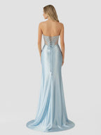 Mermaid Sweetheart Blue Beaded Ruched Long Evening Dress with Slit - Curvevia