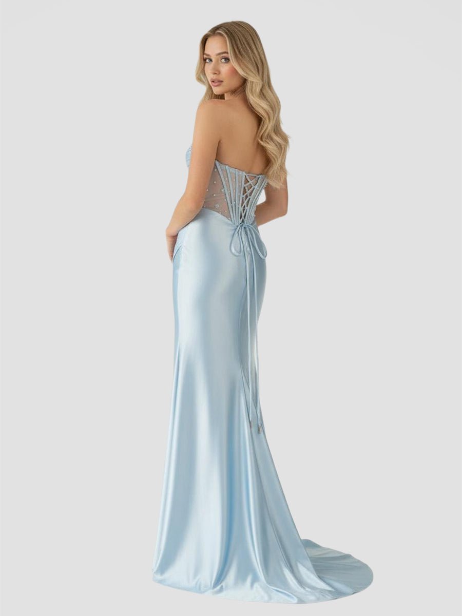 Mermaid Sweetheart Blue Beaded Ruched Long Evening Dress with Slit - Curvevia