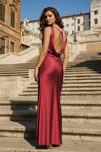 Sage V Neck Sheath Satin Open Back Long Evening Dress - Curvevia